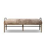 Demi Accent Bench with curved brushed iron arms, amber ash legs, and a cream shearling cushioned seat