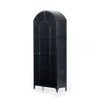 Black metal cabinet angled view on white background showing arched top and closed doors