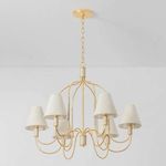 Warrensburg chandelier with vintage gold leaf metal frame, linen lampshades, and abaca-wrapped details