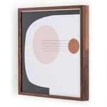 Side angled view of mixed media artwork with dark gray background instead of black in walnut frame