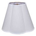 Tapered lamp shade with scalloped edge in textured white linen with white trim and brass harp