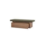 Gemma Storage Bench angled view showing partially open storage drawer in walnut wood base
