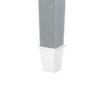 Close-up of tapered leg covered in washed lacquered linen with white metal foot cap detail
