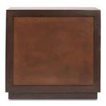 Back view with solid rectangular panel framed by wood in contrasting brown hues