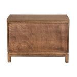Back view of the Musashi Walnut console table revealing plain, unadorned wood paneling and the wooden base.
