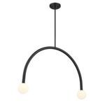 2-light chandelier with curved matte black frame and two white opal glass orbs at each end
