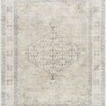 Lila Slate/Amber Machine Woven Rug with traditional medallion pattern in soft gray and beige tones