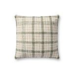 Ivory throw pillow with plaid pattern in olive green and marigold in a 18 by 18 inch square shape