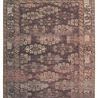 Southwestern tribal area rug with distressed terracotta, dark brown, beige, plum, and orange trellis pattern