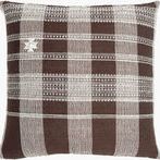 Dark brown accent pillow with cream woven plaid pattern and subtle textured detailing