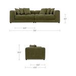 Dimensions and proportions of the olive sofa shown with standard sectional measurements.