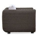 Side view of Soma chair emphasizing rounded wicker frame and cushion profile