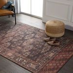 Rug placed in bright room setting with wood floor, leather chair, pouf, and shoes nearby