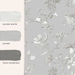 Wallpaper shown with complementary paint swatches labeled Silver White, Silver, and Pale Charcoal