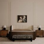 Priya bench positioned in upscale bedroom with wood nightstands and artwork above bed