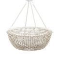 Chandelier hanging lit with visible four bulb sockets inside bead swags against white background
