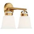 Angled close-up of Kaden 2 Light Bath showing texture and finish of brass and glass shades