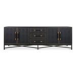 Mako Sideboard with black oak frame, vegan leather shagreen doors, three central drawers, and antique gold handles