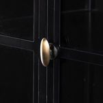 Close-up of brass knob on black metal cabinet door, showing subtle shine and patina