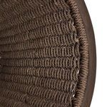 Overhead close-up showing basket’s woven round rim detail and teak frame