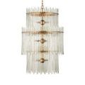 White background front view of chandelier with light bulbs glowing softly inside clear textured glass bars