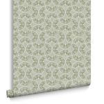 Close-up of Hopwood Cottage Sage wallpaper roll showing the pattern and texture with curled bottom edge