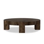 Round coffee table front view emphasizing chunky squared leg and rustic oak grain