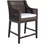 Peninsula Mahogany Counter Stool with woven dark brown rattan back and arms, white seat cushion, and dark wooden legs