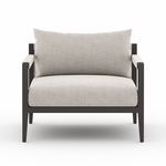 Front view of Sherwood chair highlighting wide seat cushion and straight bronze frame legs