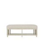 Blurred front view of Norene Demetria Bench with plain light-colored fabric and wood base