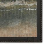Detailed close-up of bottom corner showing texture of canvas and distressing on frame edge