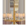 Goldfinch chandelier with white fabric lampshades on all eight arms, shades softly lit