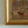 Close-up of lower left corner highlighting framed edge and subtle pastel tones in the painting.