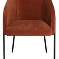 Front view showcasing the wide seat and curved backrest of the terra cotta polyester chair