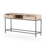 Side angle highlighting leather pull handle on drawer front of Trey Console Table