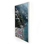 Side angled view showing thin aluminum panel with smooth edge and vibrant Positano beach photo print