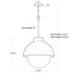 Line drawing with dimensions showing 15.75 inch width and adjustable hanging height