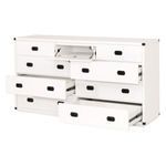 Side angled view with most drawers open highlighting storage depth