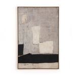 Abstract painting with layered muted gray background, three off-white patches, and a wide black horizontal band at bottom