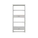 Front view highlighting symmetrical two-drawer layout and open shelving space