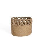 Natural bamboo basket with a woven texture and decorative looped rim in light brown color