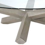 Close-up view of reclaimed pine wood base intersecting under glass tabletop with visible wood grain texture
