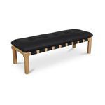 Costello Bench angled view showing oak frame and strap detailing underneath black leather seat