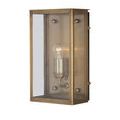 Royster Outdoor Wall Sconce in antique brass finish with rectangular glass enclosure and single exposed bulb