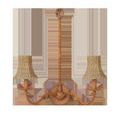 Front view of a double arm chandelier with two Bell Natural woven shades on wooden arms