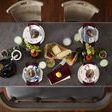 Overhead view from dining table showing bench shape around table edge and place settings