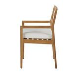 Side profile of Santa Barbara Teak Arm Chair showing slatted wooden seat with white cushion