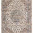 Beige and blue traditional medallion rug with cream fringe, floral and intricate border design, 3 by 10 feet