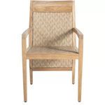 Front view of teak arm chair without seat cushion, showing woven seat and back