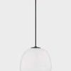Side profile view of pendant light showing smooth opaque white glass globe and dark metal mount